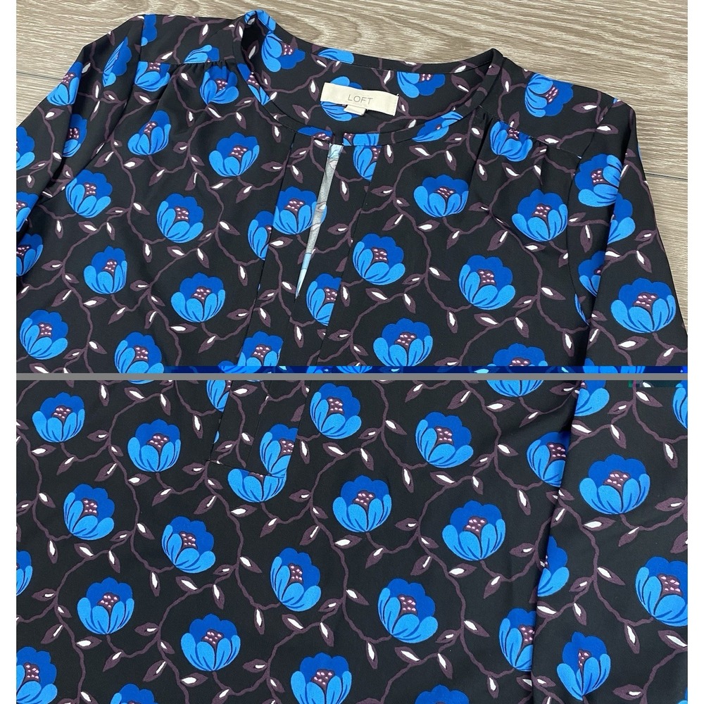 Loft Women's Floral Print Pattern Long Sleeve Shift Dress Black Blue‎ Size Large
